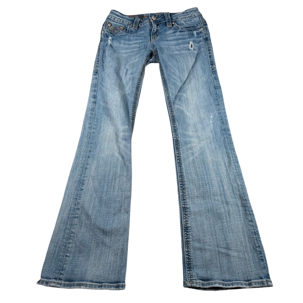 Rock Revival Christina Bootcut Jeans Womens 29 (FITS 28x31) Blue Distressed Hole